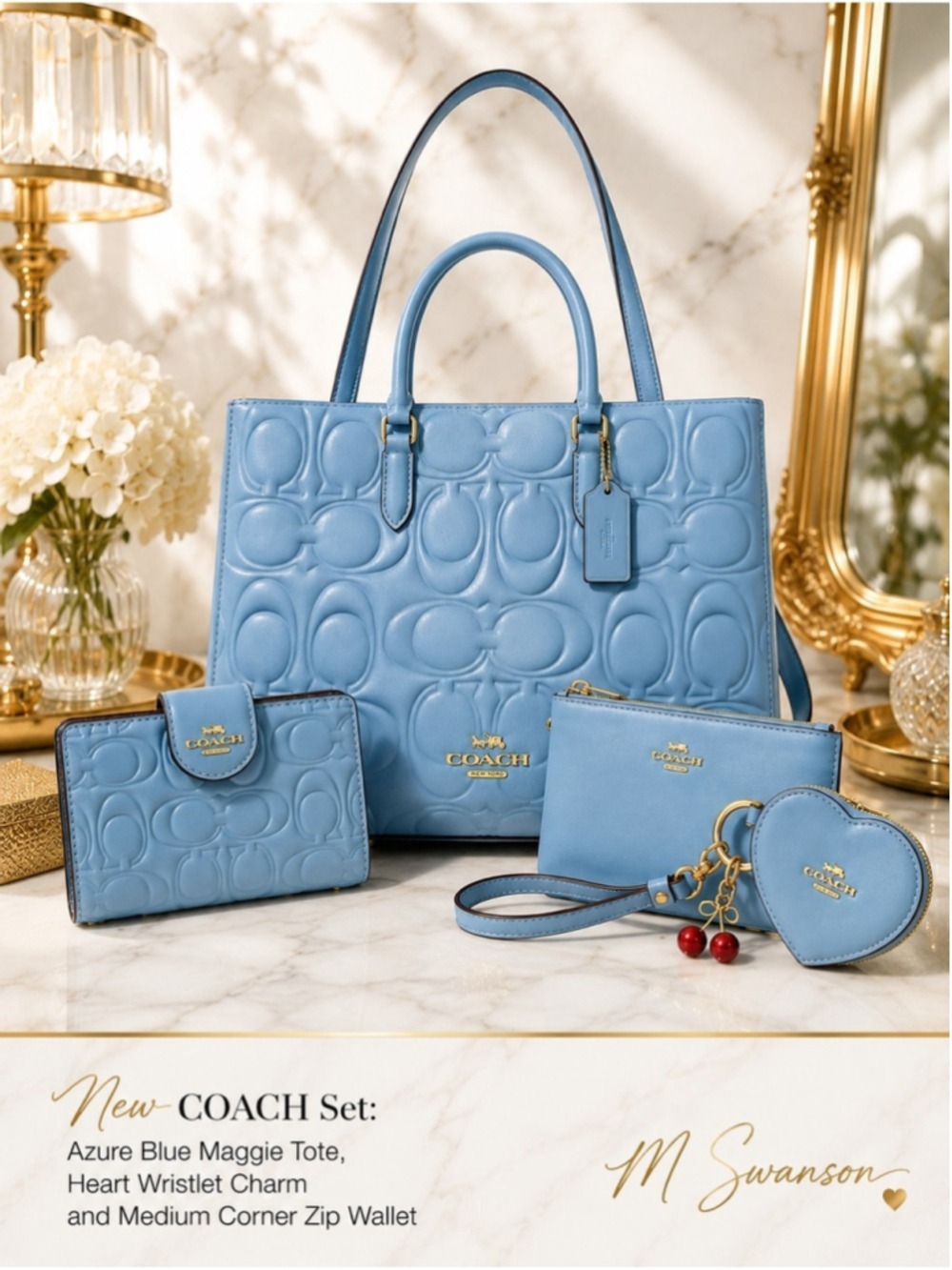 NEW Coach Maggie Tote Bag Azure Blue Signature Leather + wallet + wristlet NWT